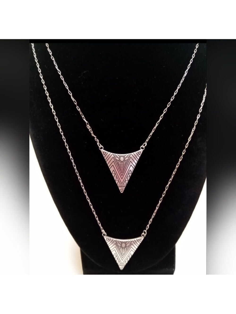 American Eagle SilverTone Double Strand Southwest Triangles Long Necklace 27"-29